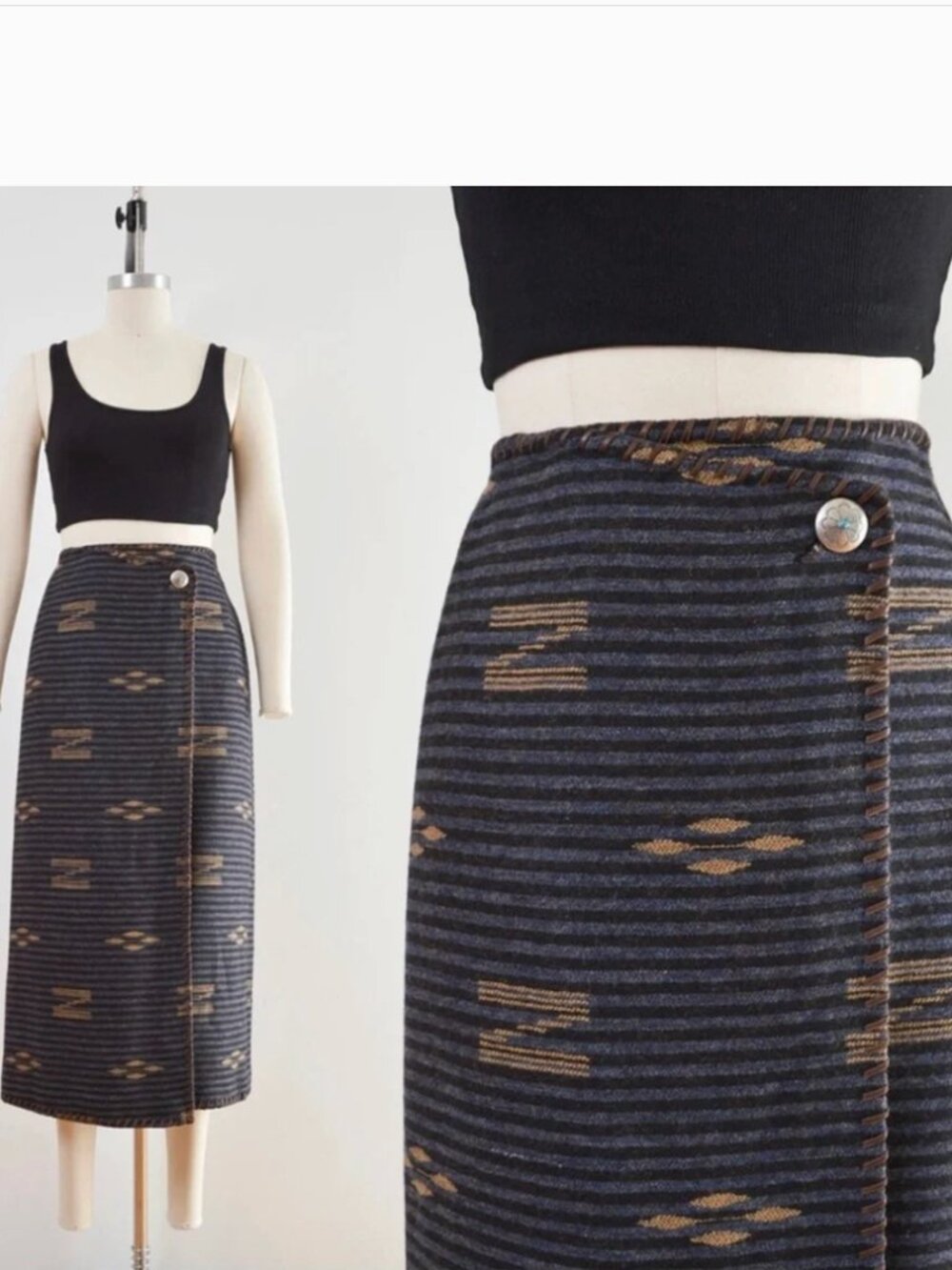 Vintage Ralph Lauren Wrap Skirt Leather Southwestern Wool Blanket Skirt 16